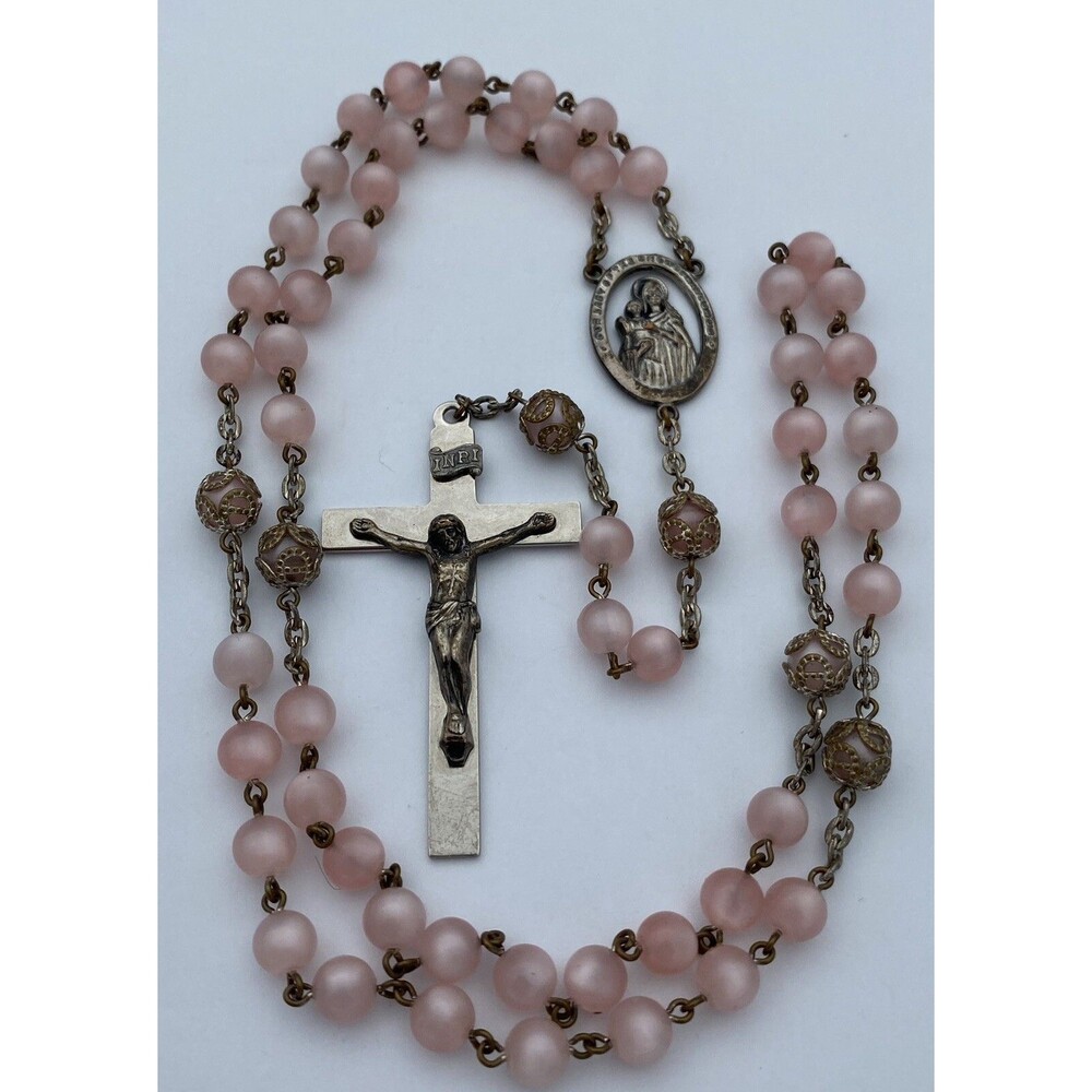 Vintage Our Lady of the Snows Pink Glass Beads Rosary Christianity